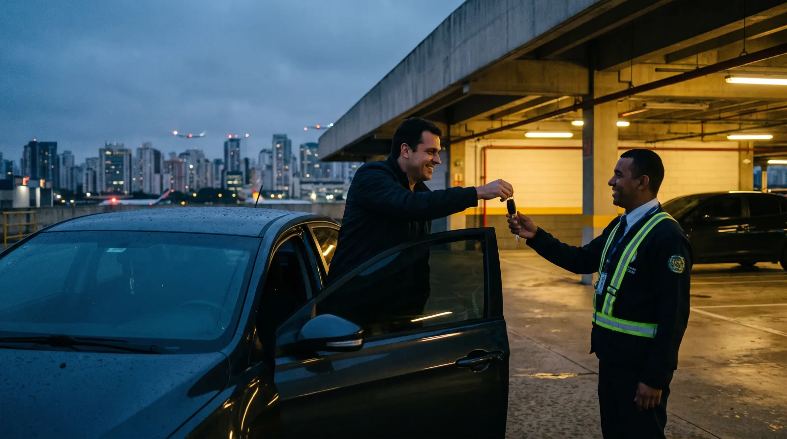 manobrista recebendo a chave do motorista em pátio coberto perto do terminal de Congonhas
