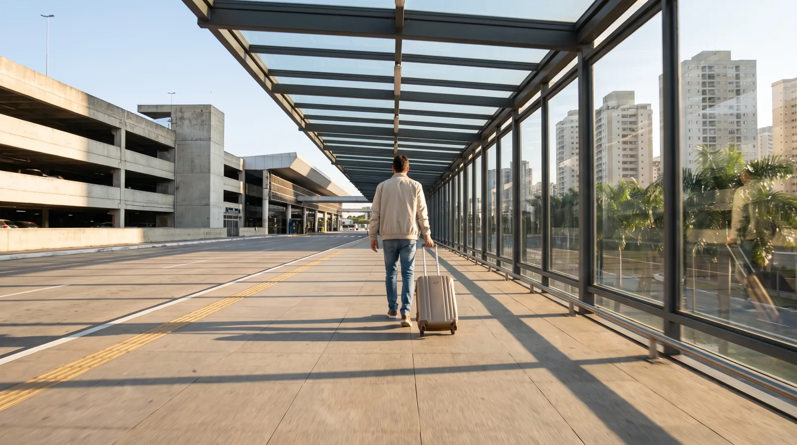 passageiro caminhando com mala pela passarela ao deixar o carro no aeroporto de Congonhas