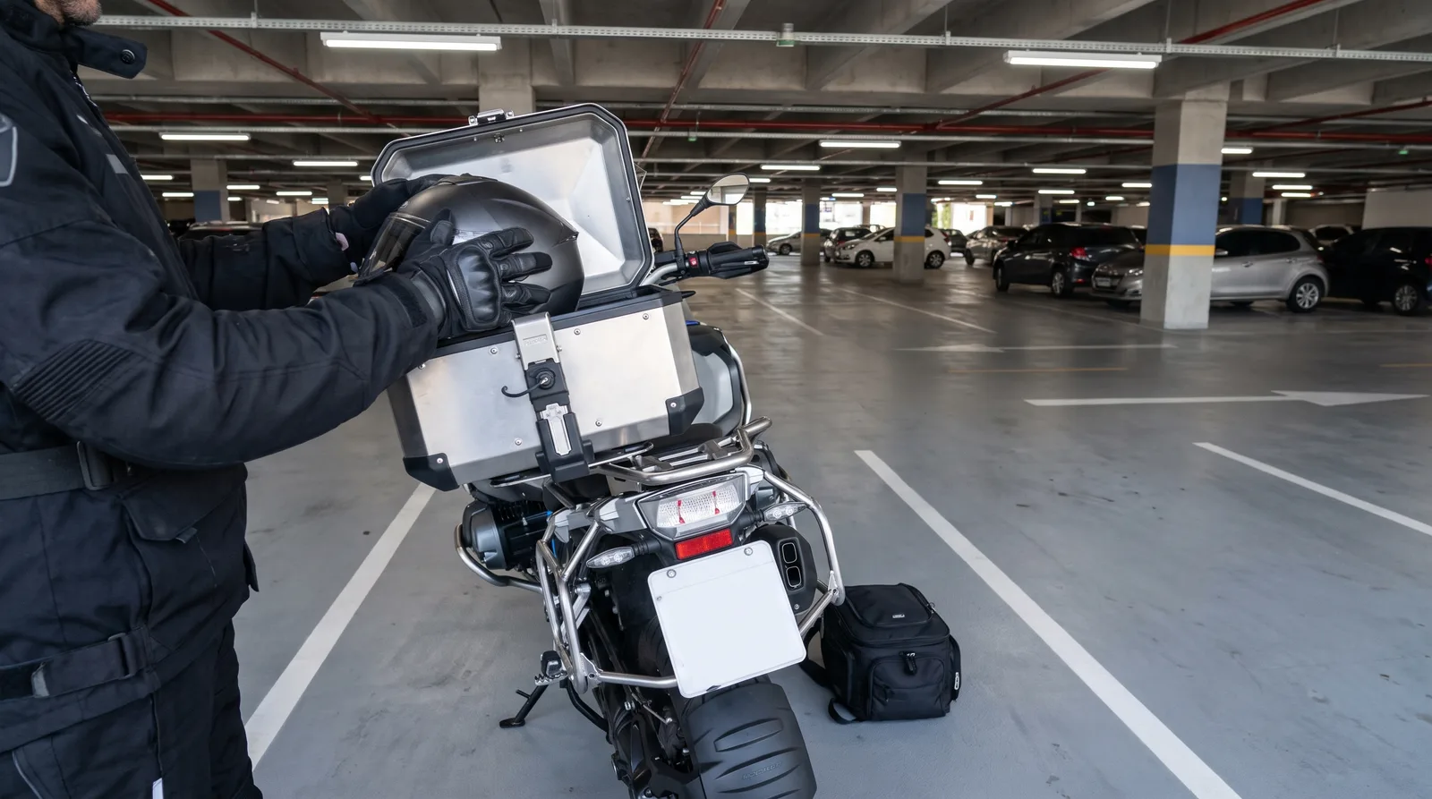 motociclista guardando capacete e bagagem antes de deixar a moto no aeroporto de Confins