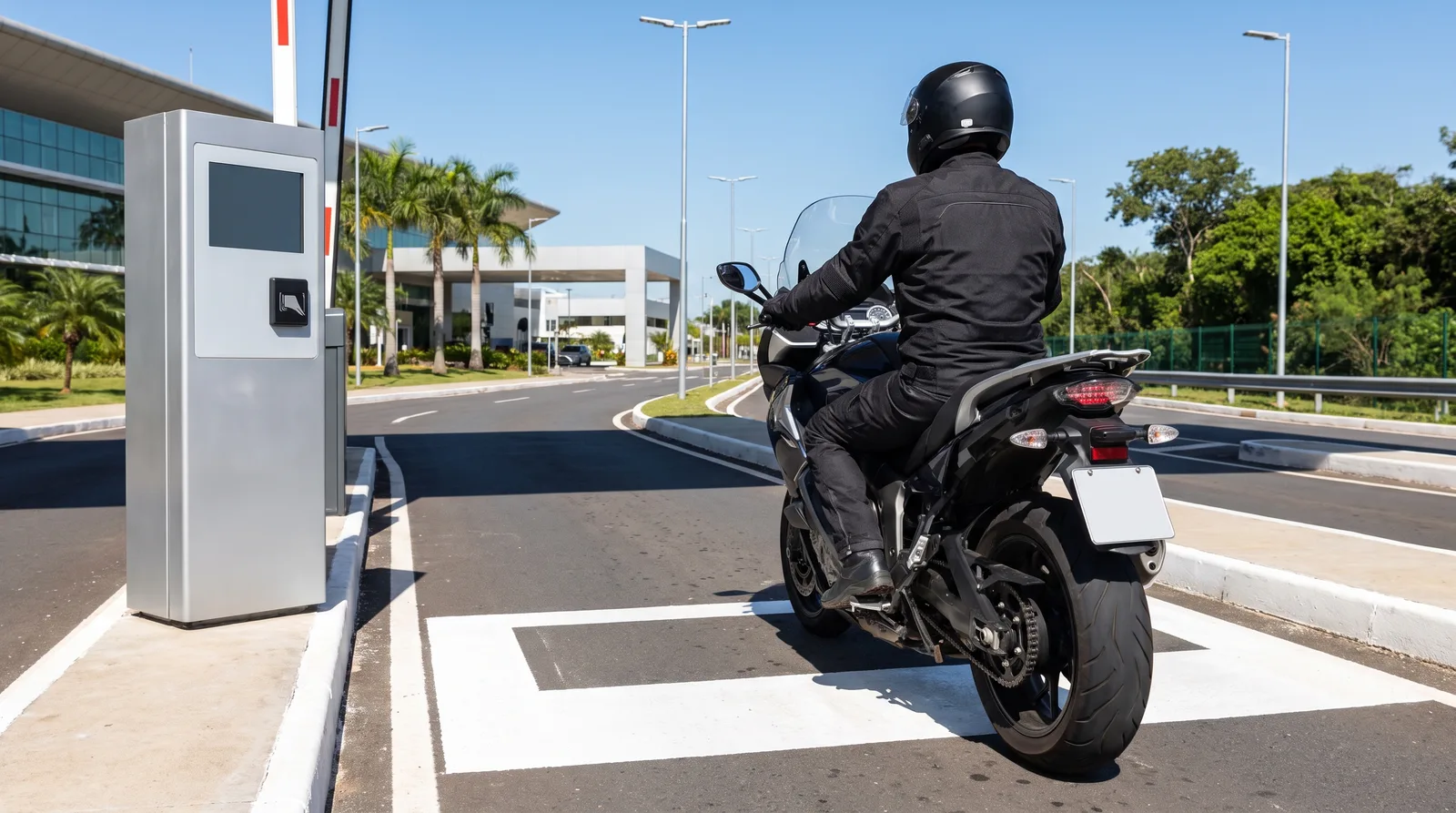 moto passando pela cancela automática do estacionamento em Confins