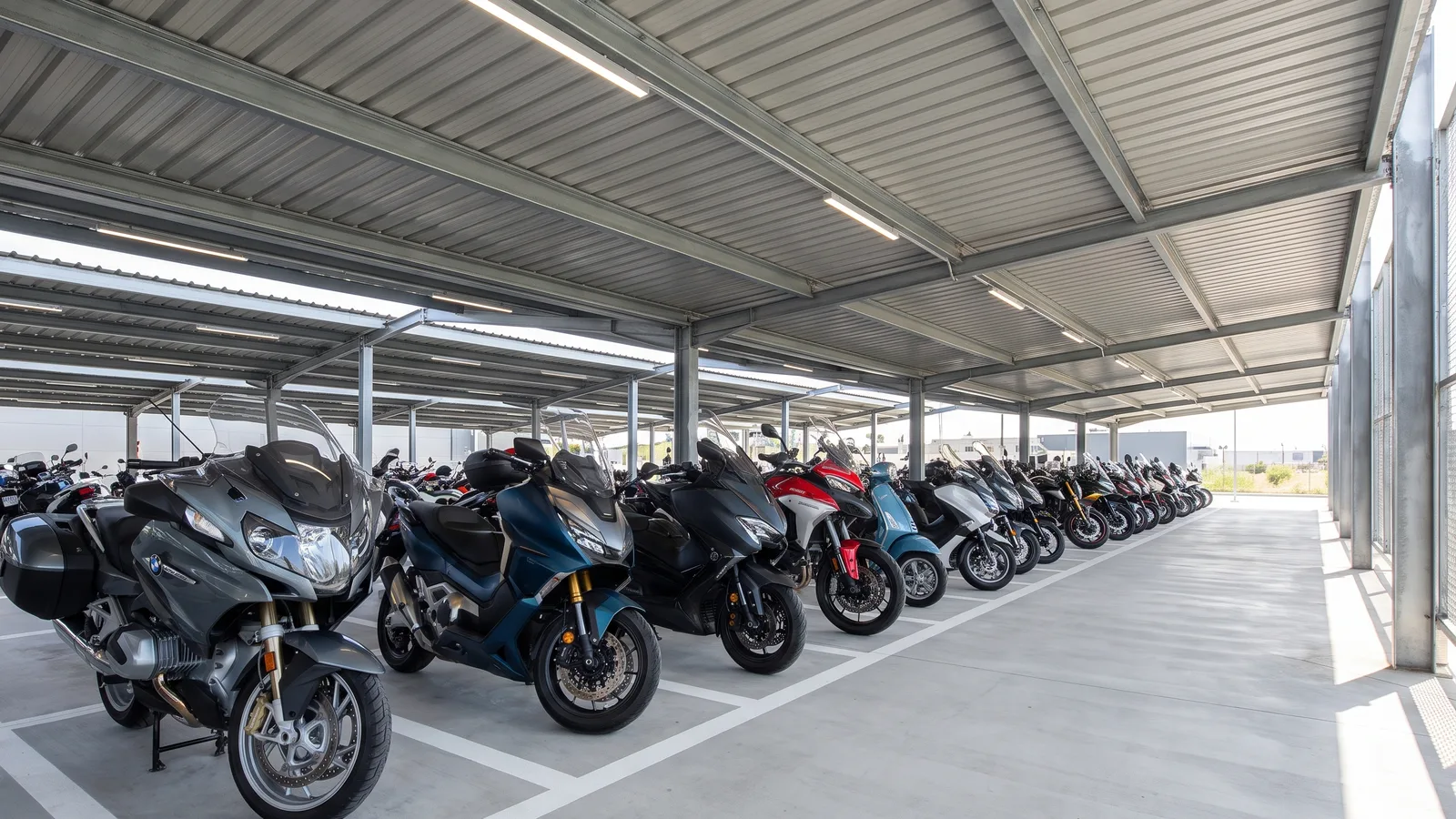 pátio coberto do estacionamento de moto em Confins com vagas demarcadas
