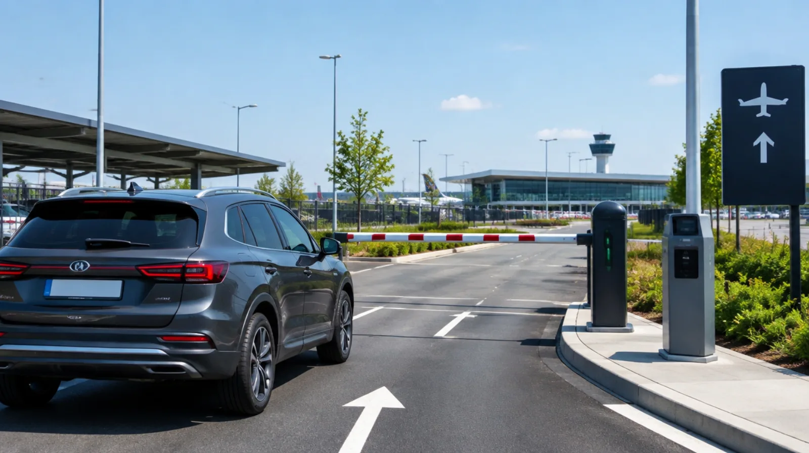 portaria com cancela automática de um estacionamento perto do aeroporto de Navegantes